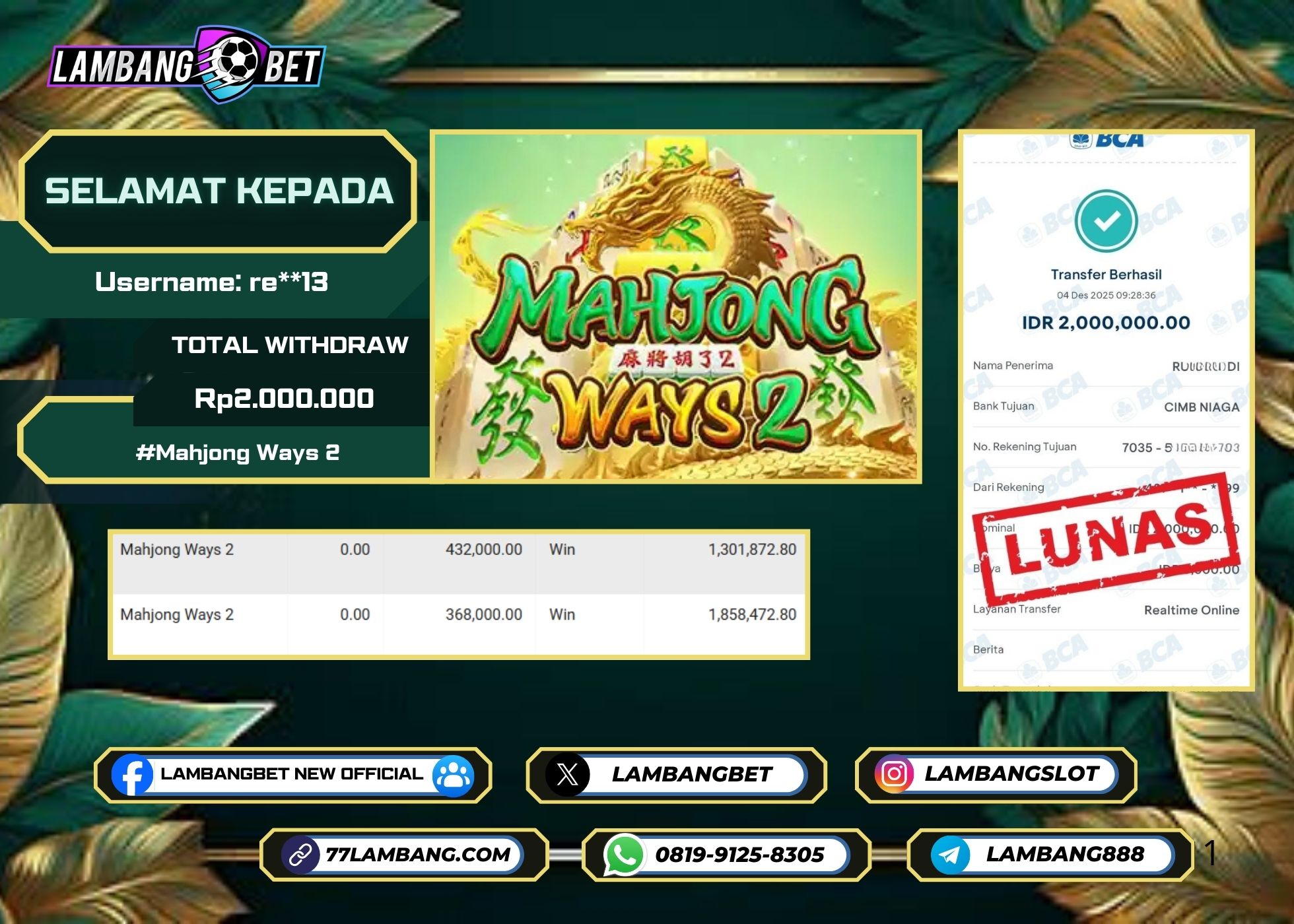 LAMBANGBET [4 DESEMBER 2025] JACKPOT SLOT Mahjong Ways 2 "Rp2.000.000" LUNAS